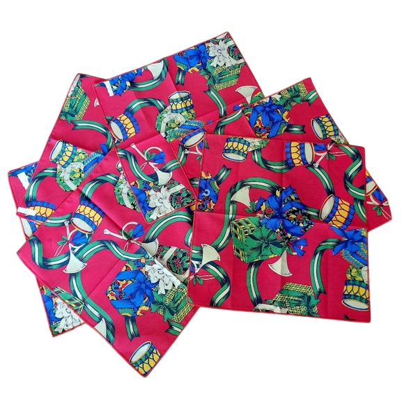 Set 6 Christmas Horns Toys Holiday Multicolor Linen Festive Red Napkins 17
